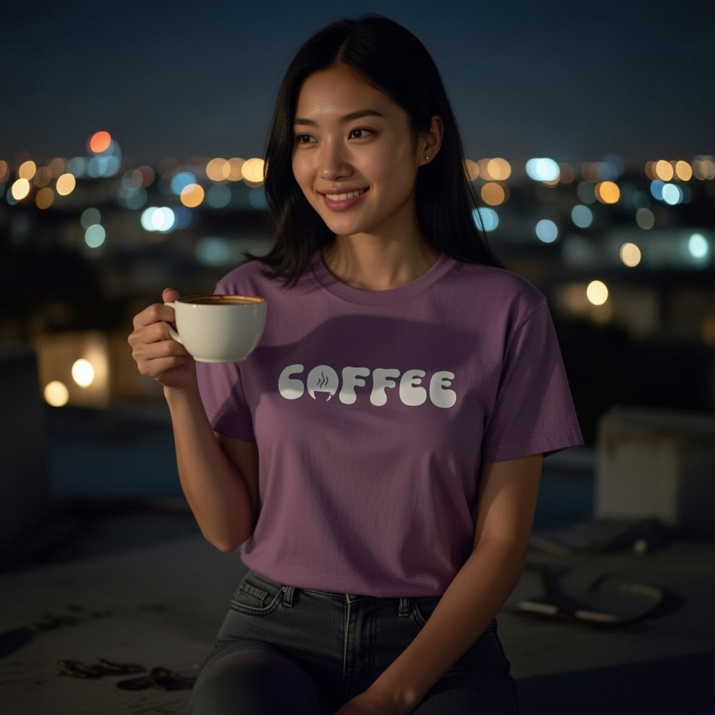 A woman wears a purple cotton t-shirt featuring the word coffee in a white retro bubble font.