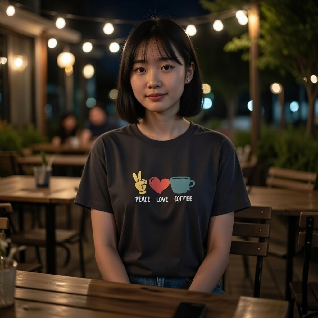 A woman wears a charcoal gray heavyweight cotton t-shirt featuring a peace sign, heart, and coffee.