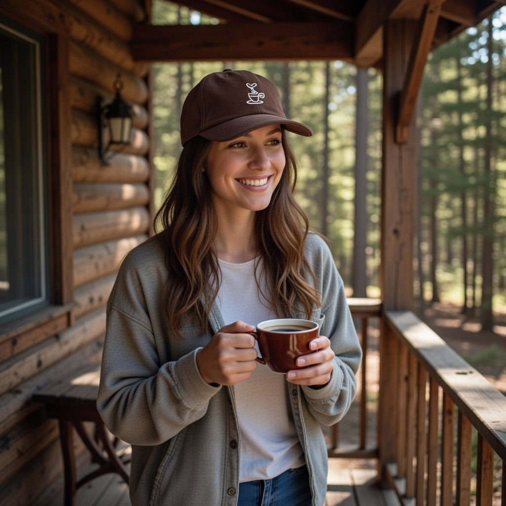 A woman smiles on a cabin porch wearing a brown corduroy cap with an embroidered coffee cup.