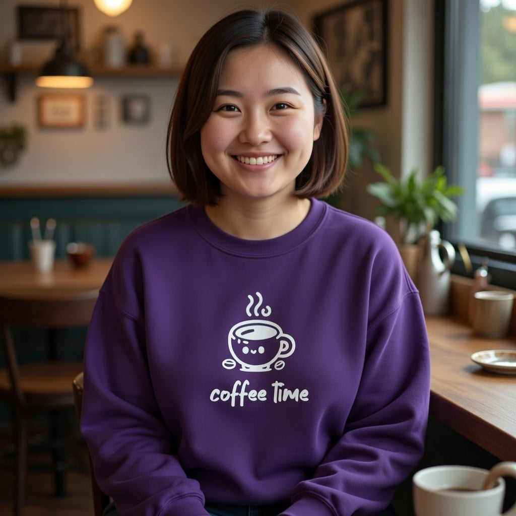 A woman smiles in a purple crewneck sweatshirt featuring a white coffee cup graphic and coffee time.