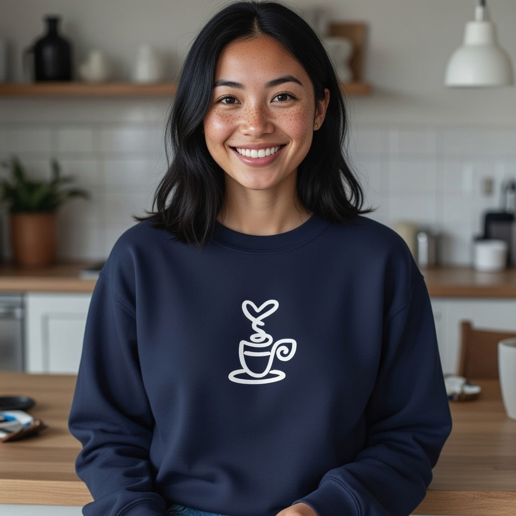 A woman smiles wearing a navy blue pullover with a minimalist white line-art coffee cup graphic.
