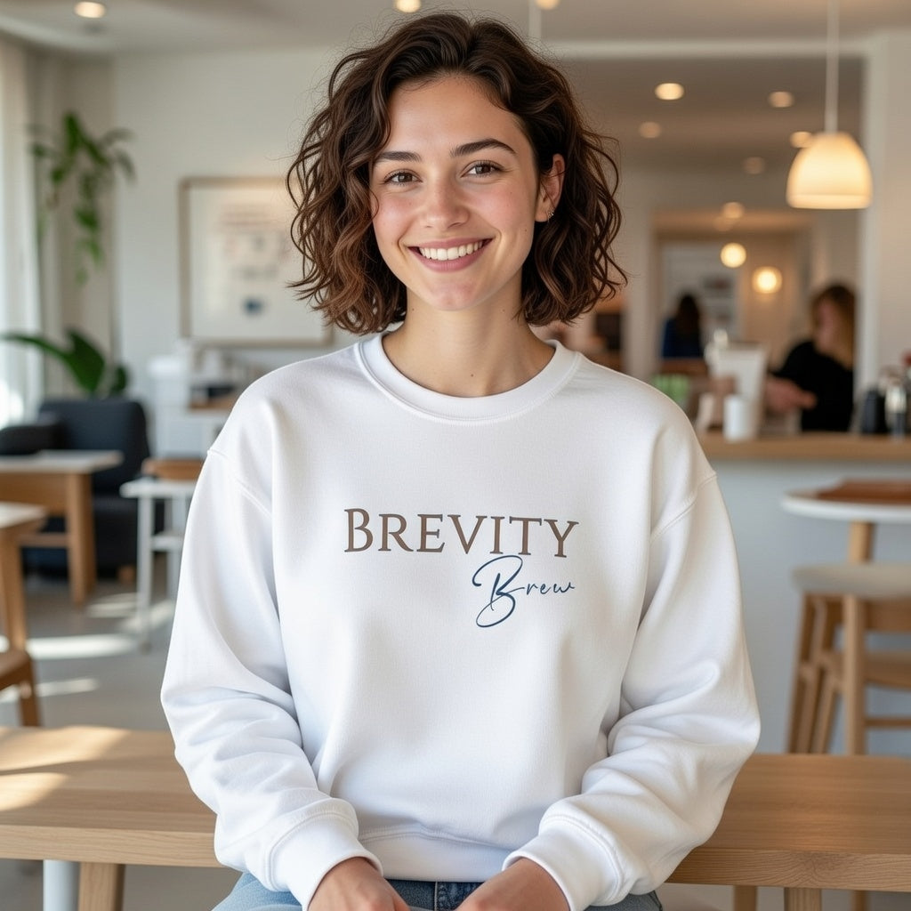 A woman smiles in a white Brevity Brew crewneck sweatshirt with minimal embroidered chest text.
