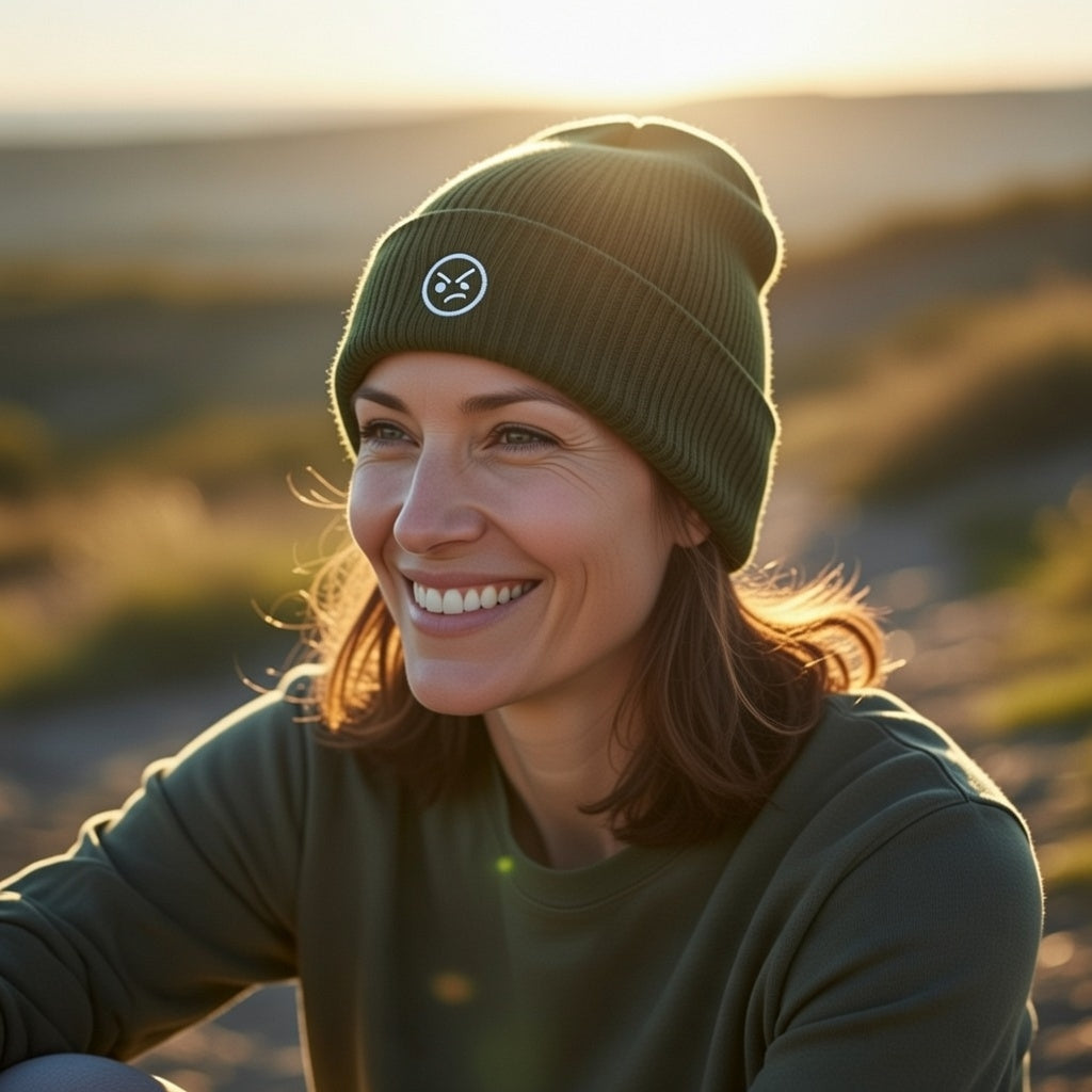 A woman smiles wearing a green cuffed beanie with an embroidered angry face icon.