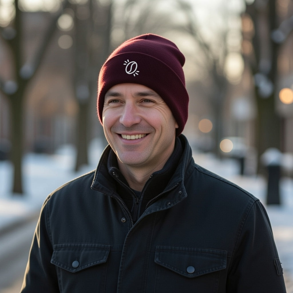 A man smiles wearing a maroon Bean Whisperer cuffed beanie with a white embroidered coffee bean.