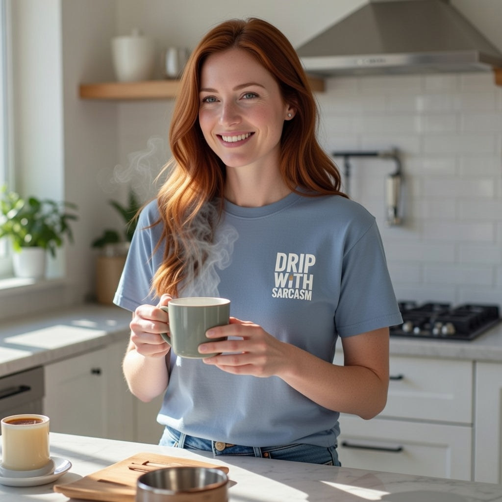 A woman in a kitchen wearing a blue t-shirt with the text Drip With Sarcasm on the chest.