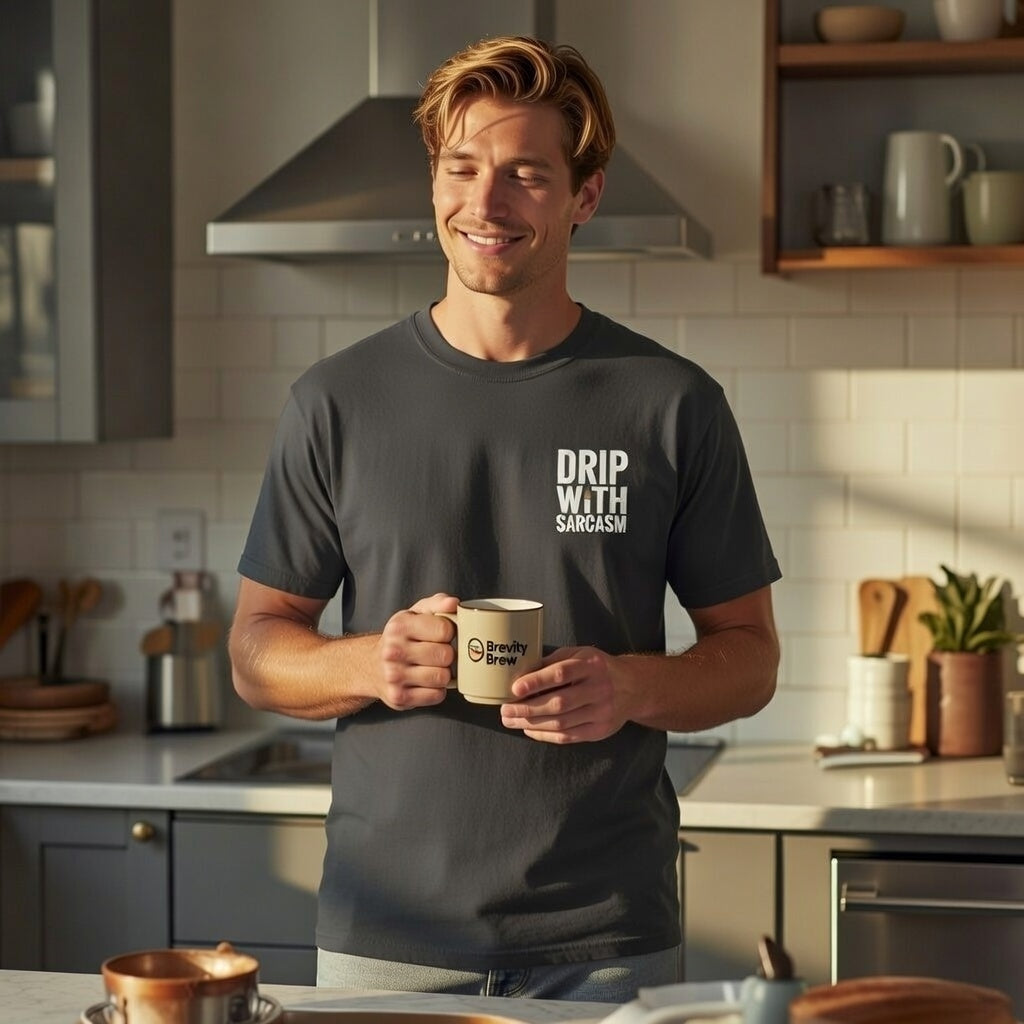 A man in a kitchen wearing a charcoal t-shirt with the text Drip With Sarcasm on the chest.