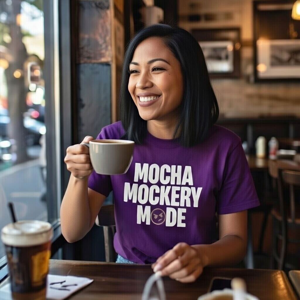 A woman in a cafe wears a purple Mocha Mockery Mode t-shirt while holding a cup of coffee.