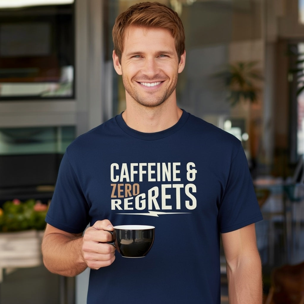 A man smiles while wearing a navy blue t-shirt that says Caffeine & Zero Regrets.