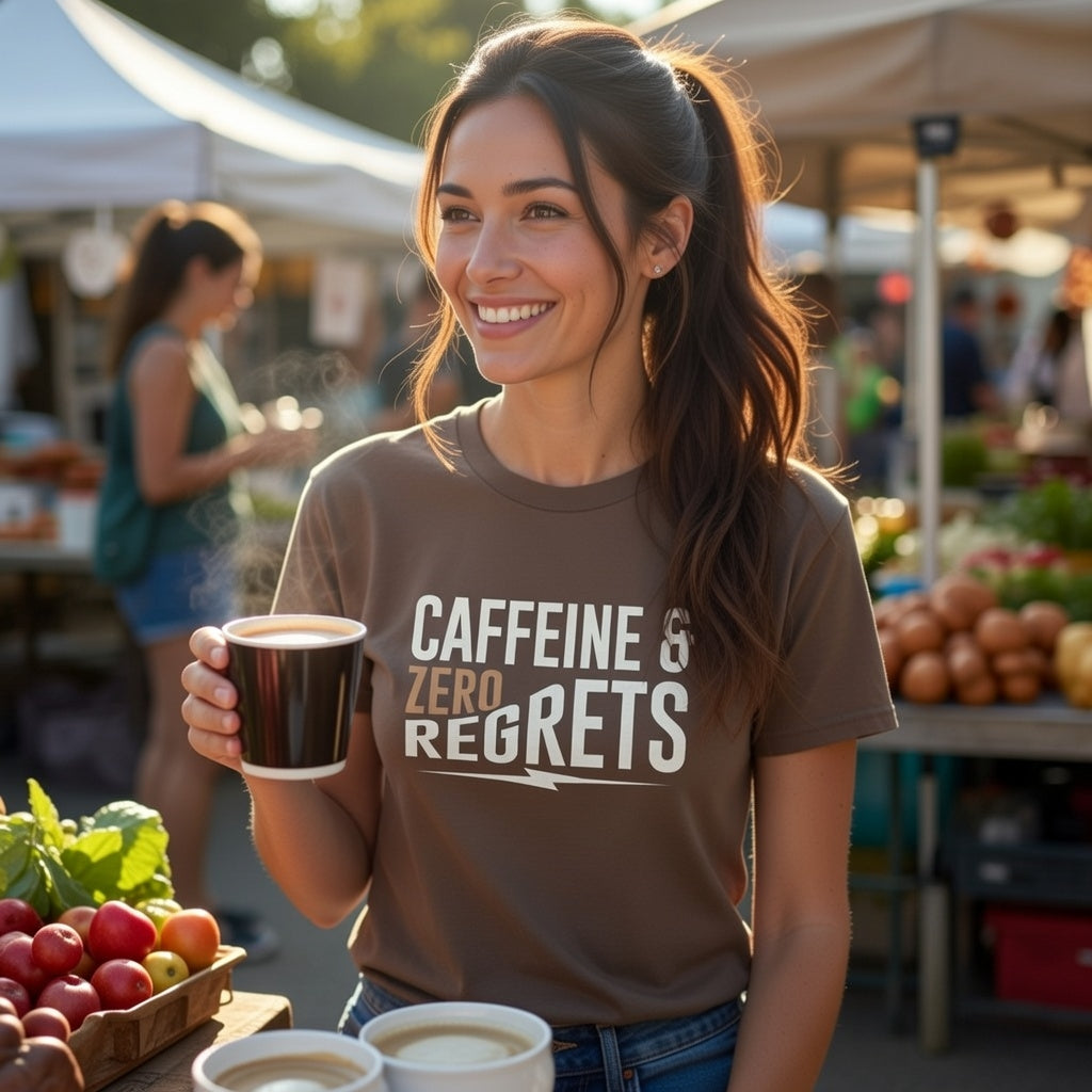 A woman wears a brown Caffeine & Zero Regrets t-shirt while holding a steaming cup of coffee.