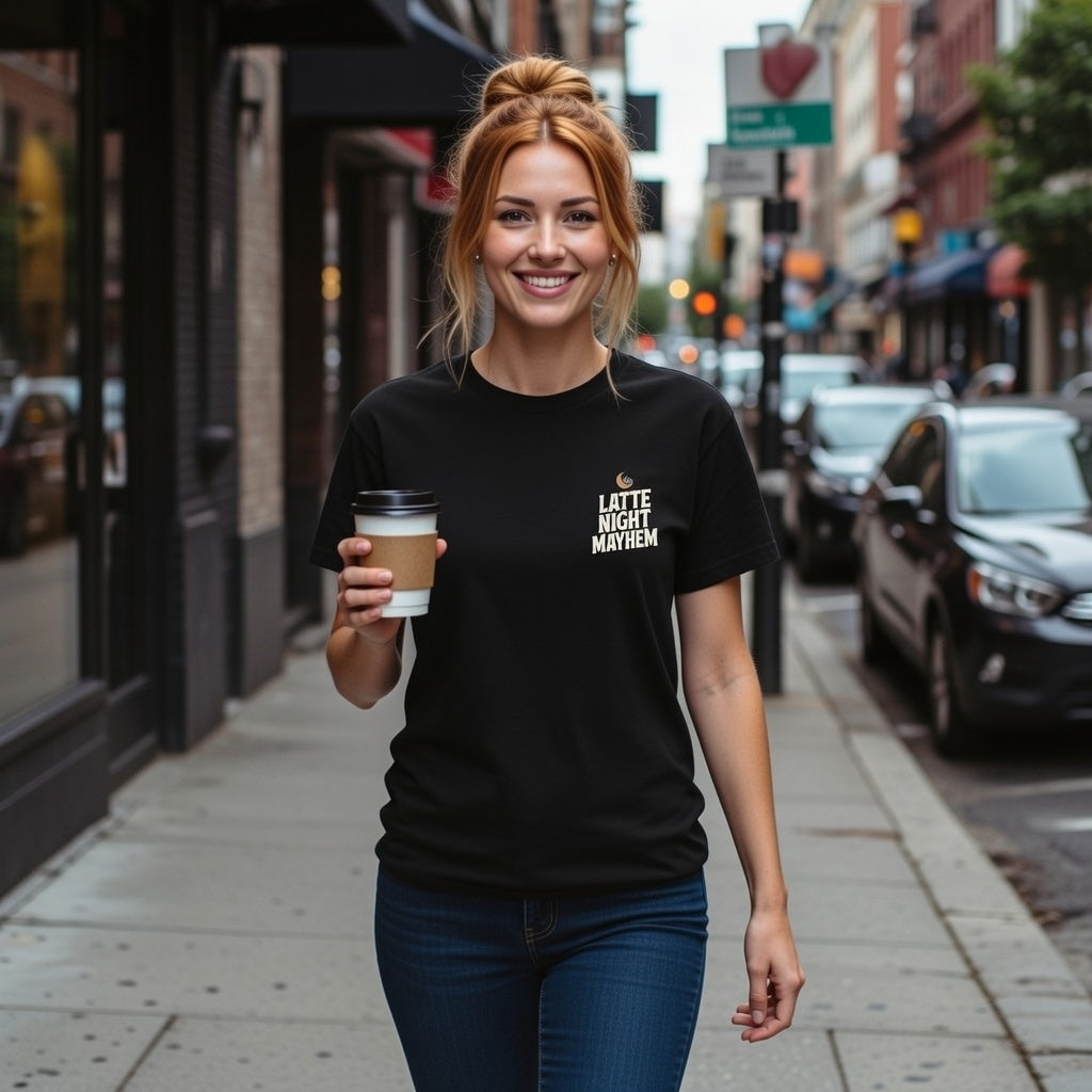 A woman walks down a city street wearing a black Latte Night Mayhem t-shirt and holding a coffee cup.