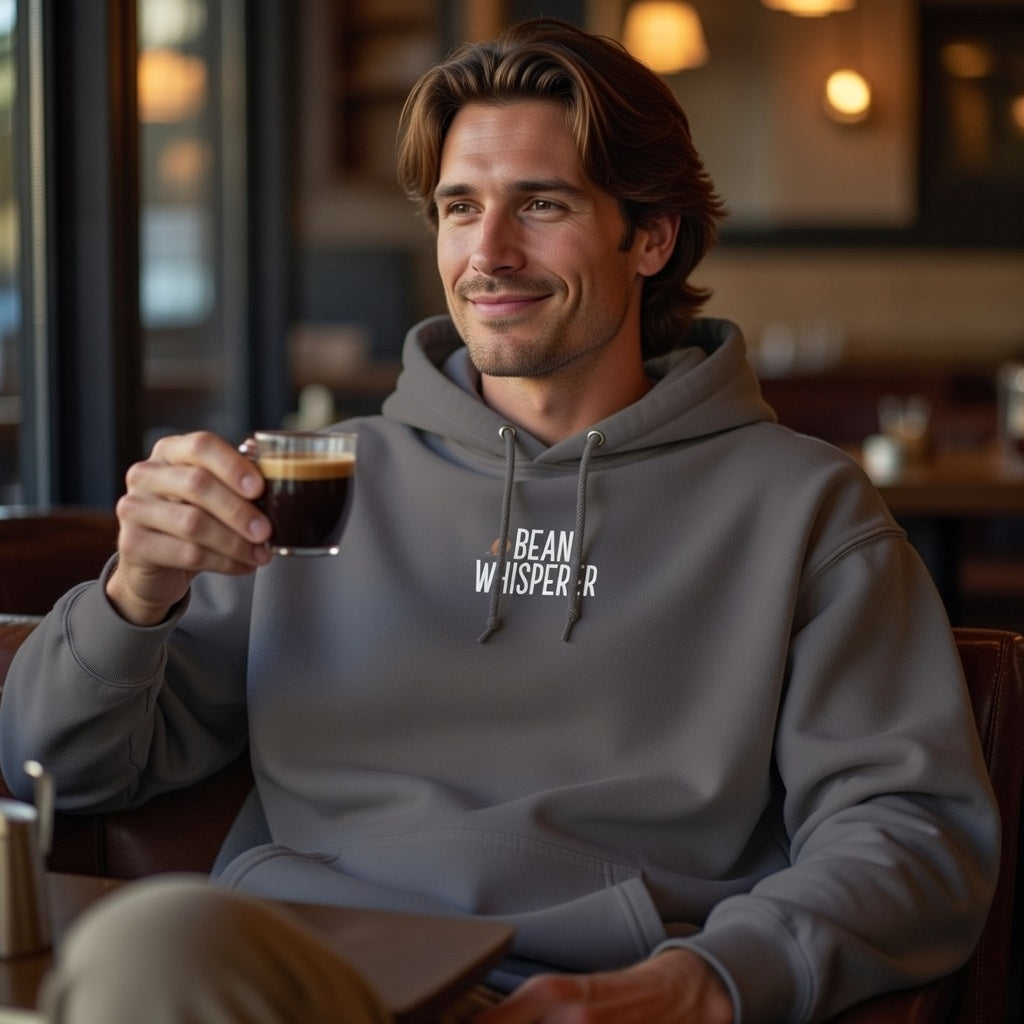 A man in a cafe wears a grey Bean Whisperer hoodie while holding a small glass of espresso.