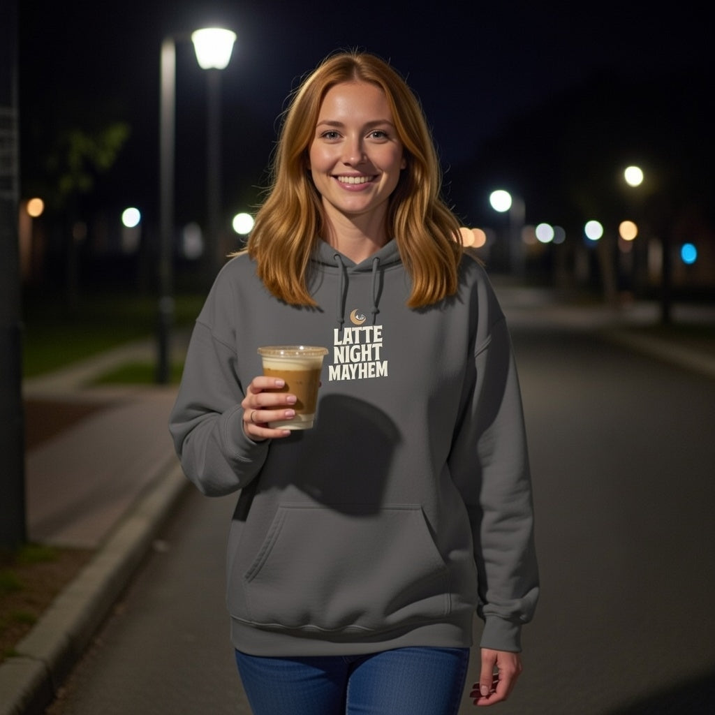 A woman wearing a charcoal grey Latte Night Mayhem hoodie while holding an iced coffee at night.