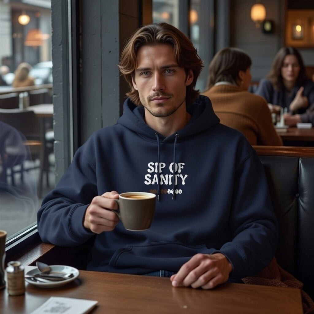 A man in a cafe wearing a navy blue Sip Of Sanity hoodie while holding a cup of coffee.