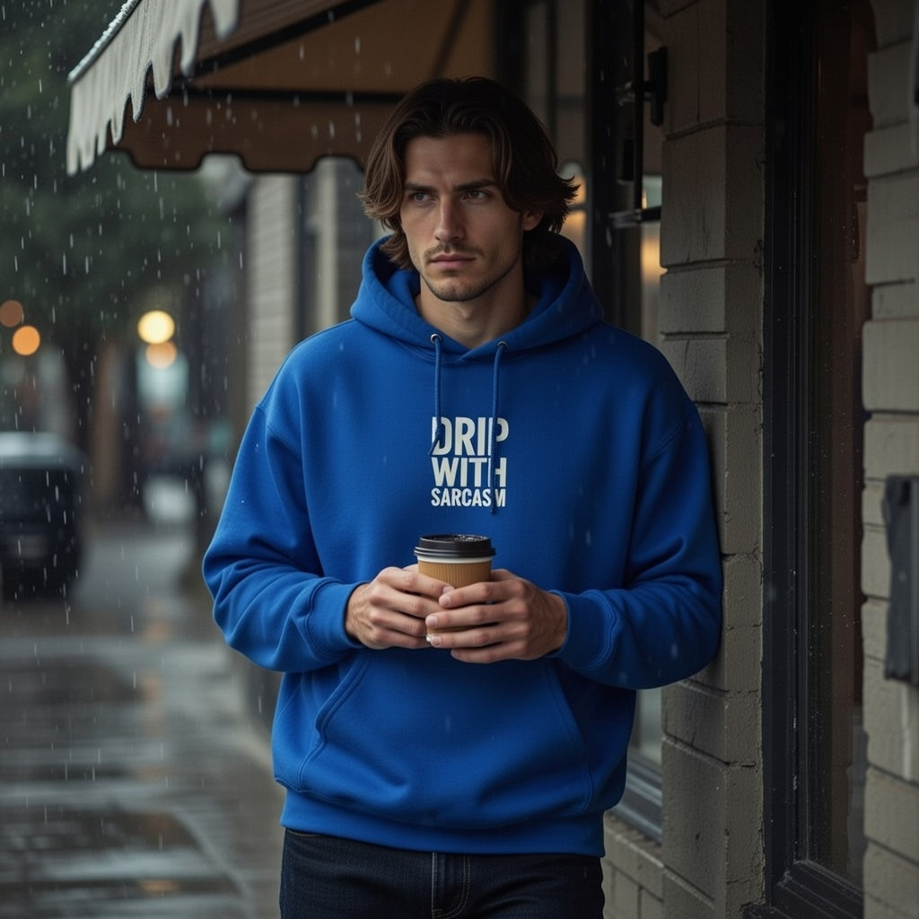 A man in a blue hoodie with Drip With Sarcasm printed on the front holds a coffee cup in the rain.