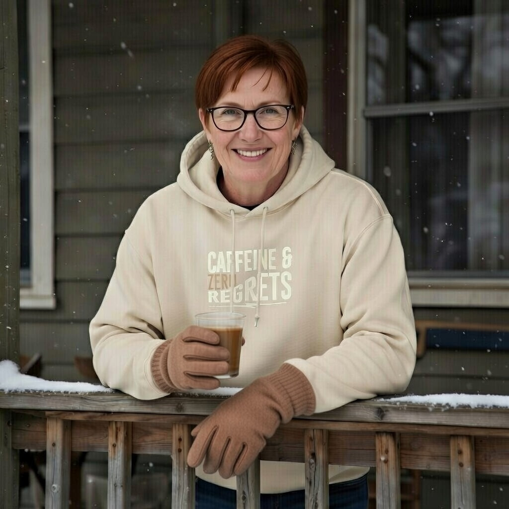 A woman wears a cream Caffeine & Zero Regrets hoodie while holding a coffee on a snowy porch.