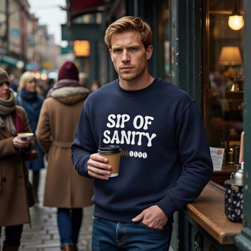 A man wears a navy blue Sip Of Sanity fleece crewneck sweatshirt while holding a coffee cup.