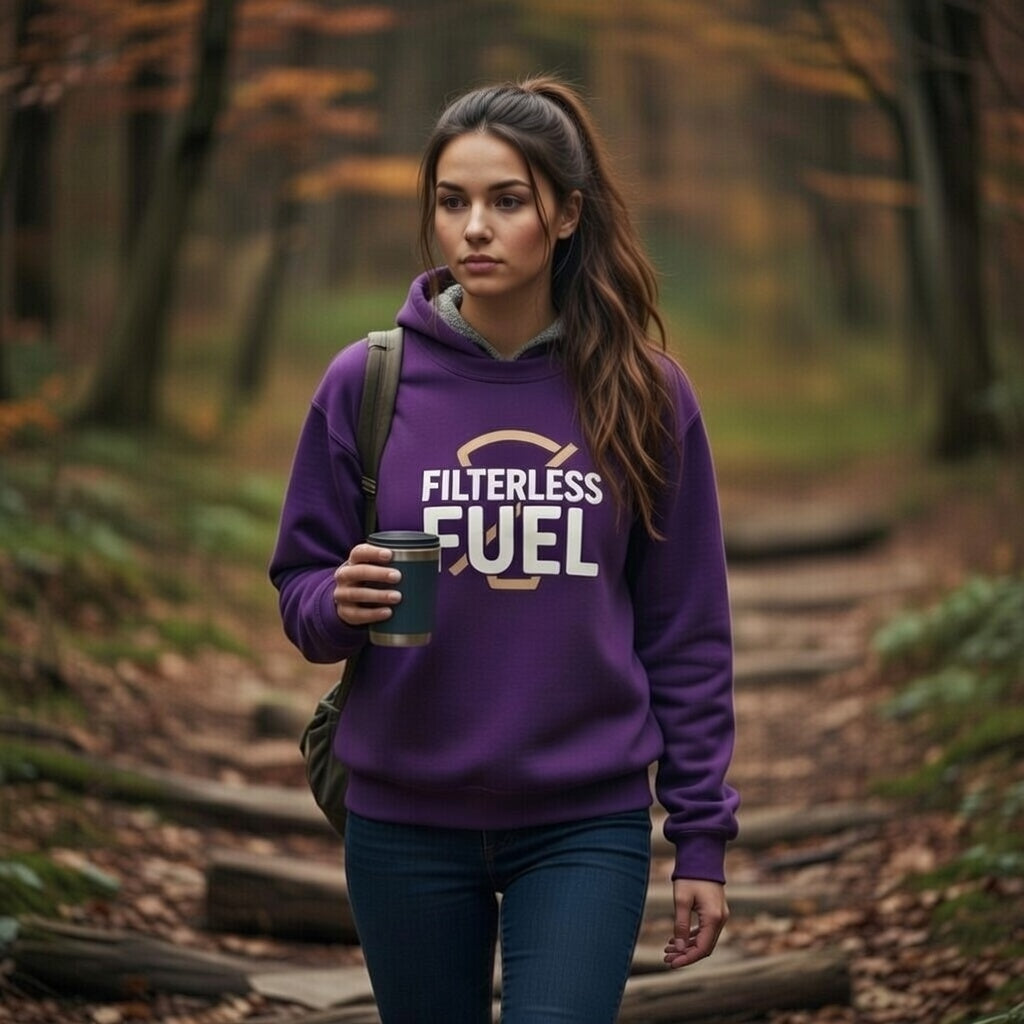 A woman in a forest wearing a purple Filterless Fuel sweatshirt and holding a coffee mug.
