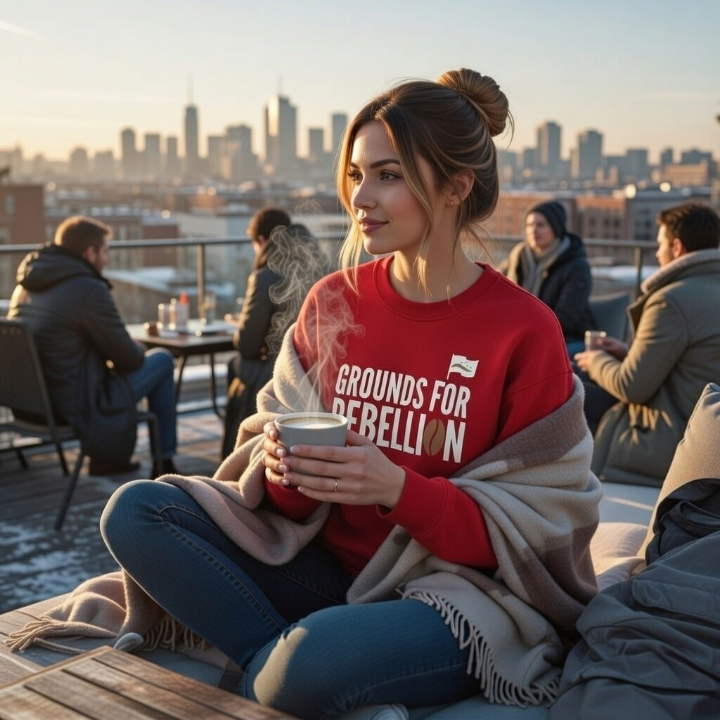 A woman wears a red Grounds For Rebellion coffee sweatshirt while holding a steaming mug outdoors.