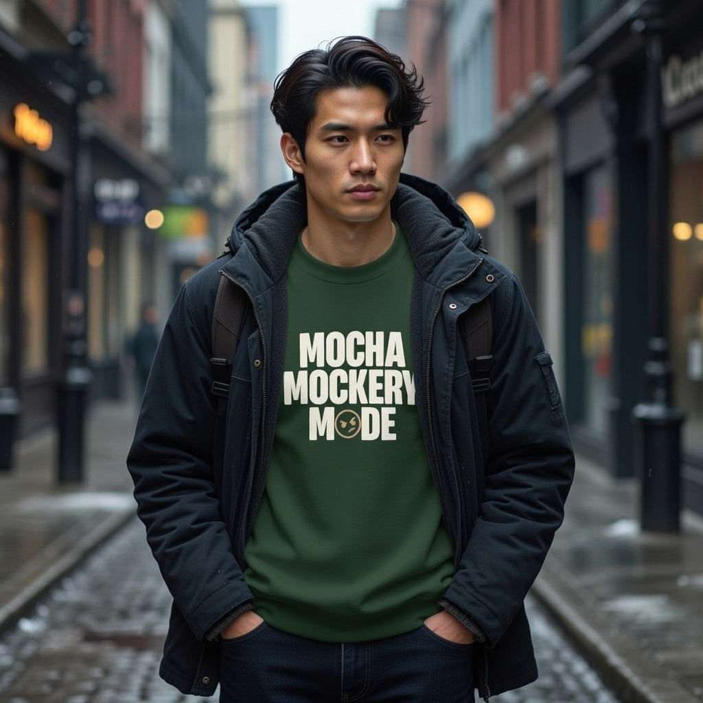 A man wearing a green Mocha Mockery Mode sweatshirt and a black jacket on a city street.
