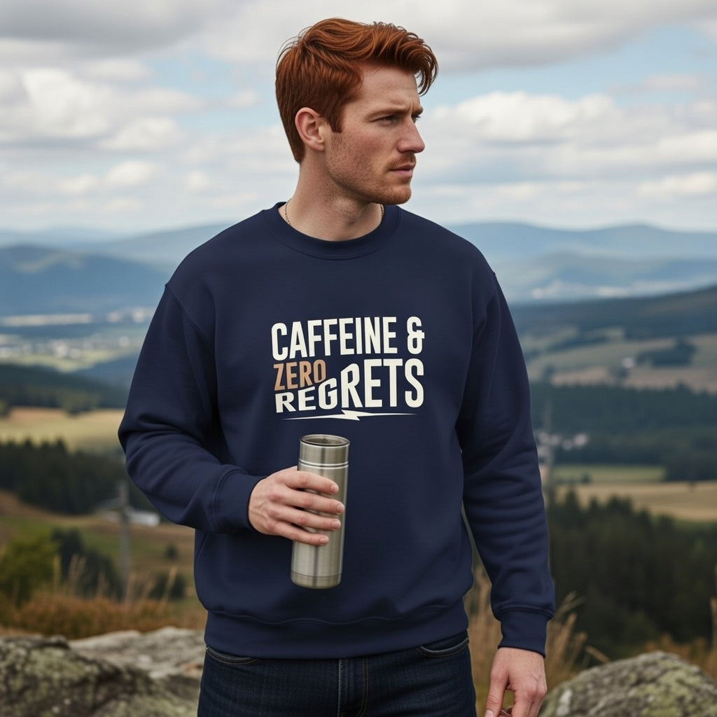 A man in a navy blue crewneck sweatshirt with Caffeine & Zero Regrets printed on the front.