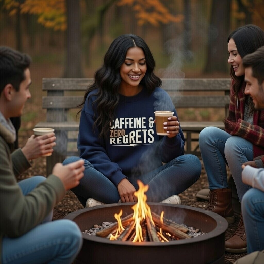 A woman wearing a navy Caffeine & Zero Regrets sweatshirt sits by a campfire with friends.