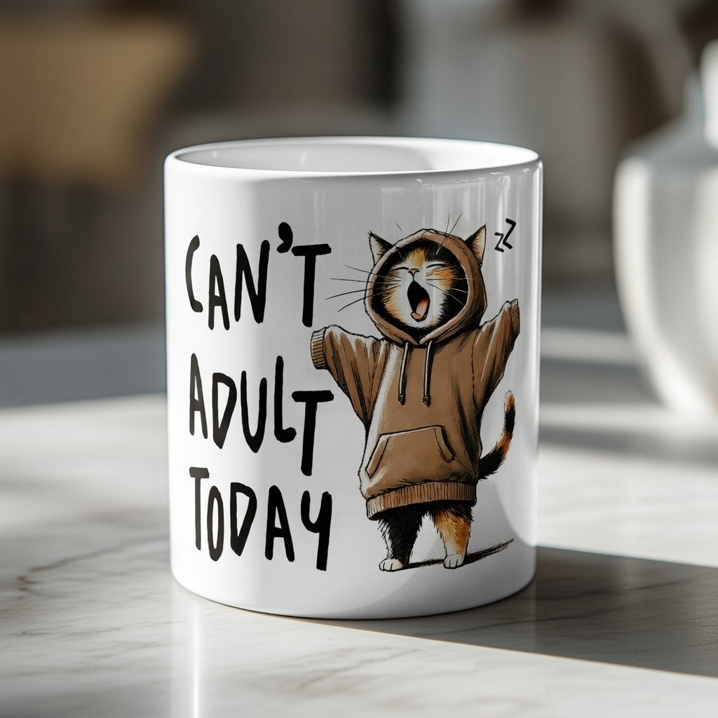 White ceramic mug featuring a yawning cat in a hoodie with the text Can't Adult Today.