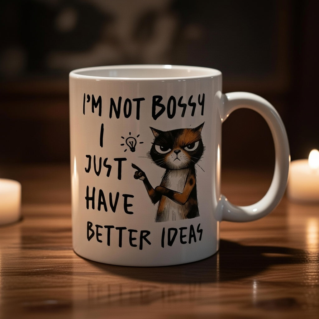 White ceramic mug featuring a grumpy cat and the text I'm Not Bossy I Just Have Better Ideas.