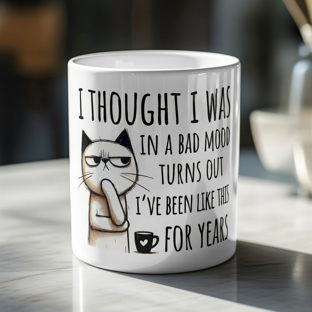 White ceramic mug featuring a grumpy cat illustration and a sarcastic quote about being in a bad mood.
