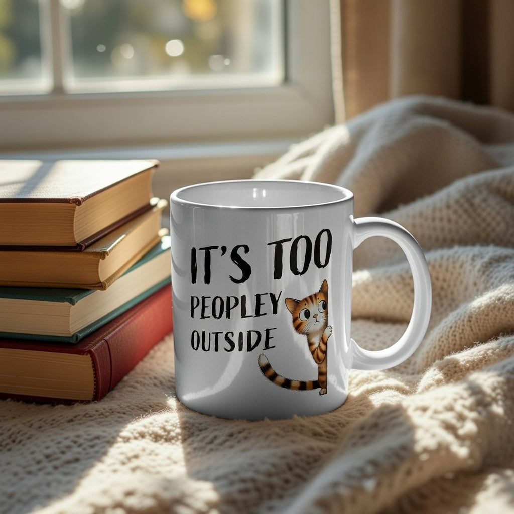 White ceramic mug with a peeking cat and the text It's Too Peopley Outside next to a stack of books.