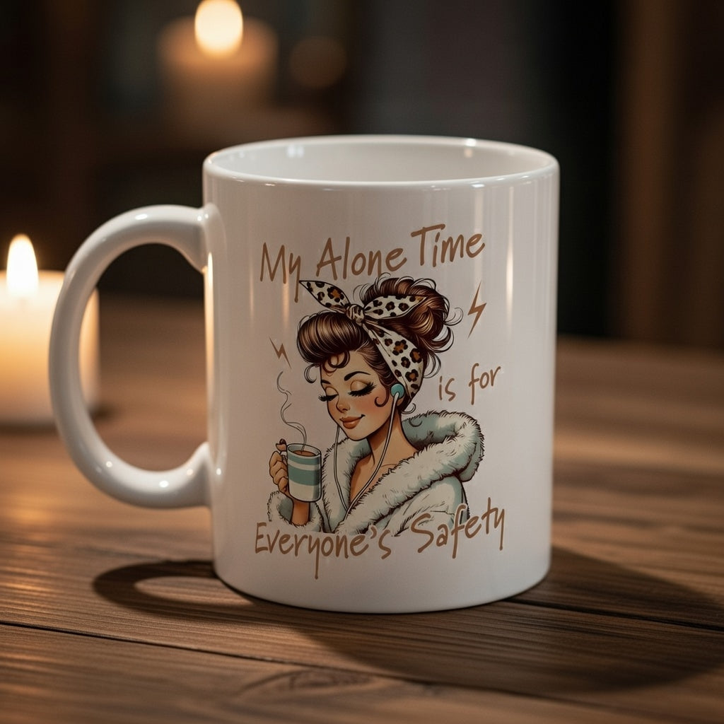 White ceramic mug with a woman illustration and text: My Alone Time is for Everyone's Safety.