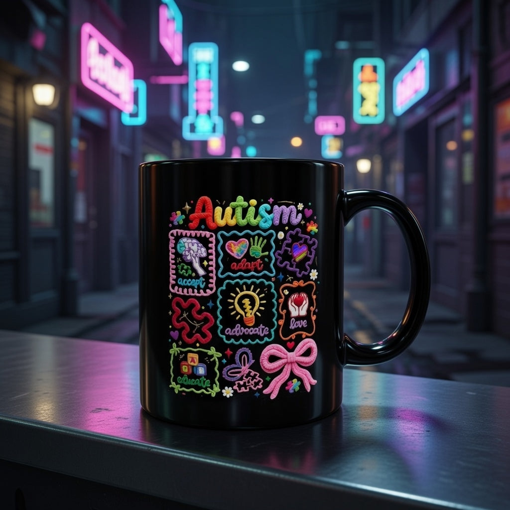 Black ceramic mug with colorful Autism awareness graphics, icons, and text on a city street ledge.