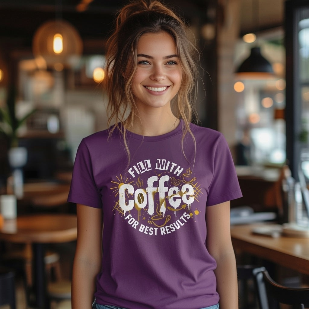 A woman wears a purple cotton t-shirt featuring a retro coffee-themed graphic design.
