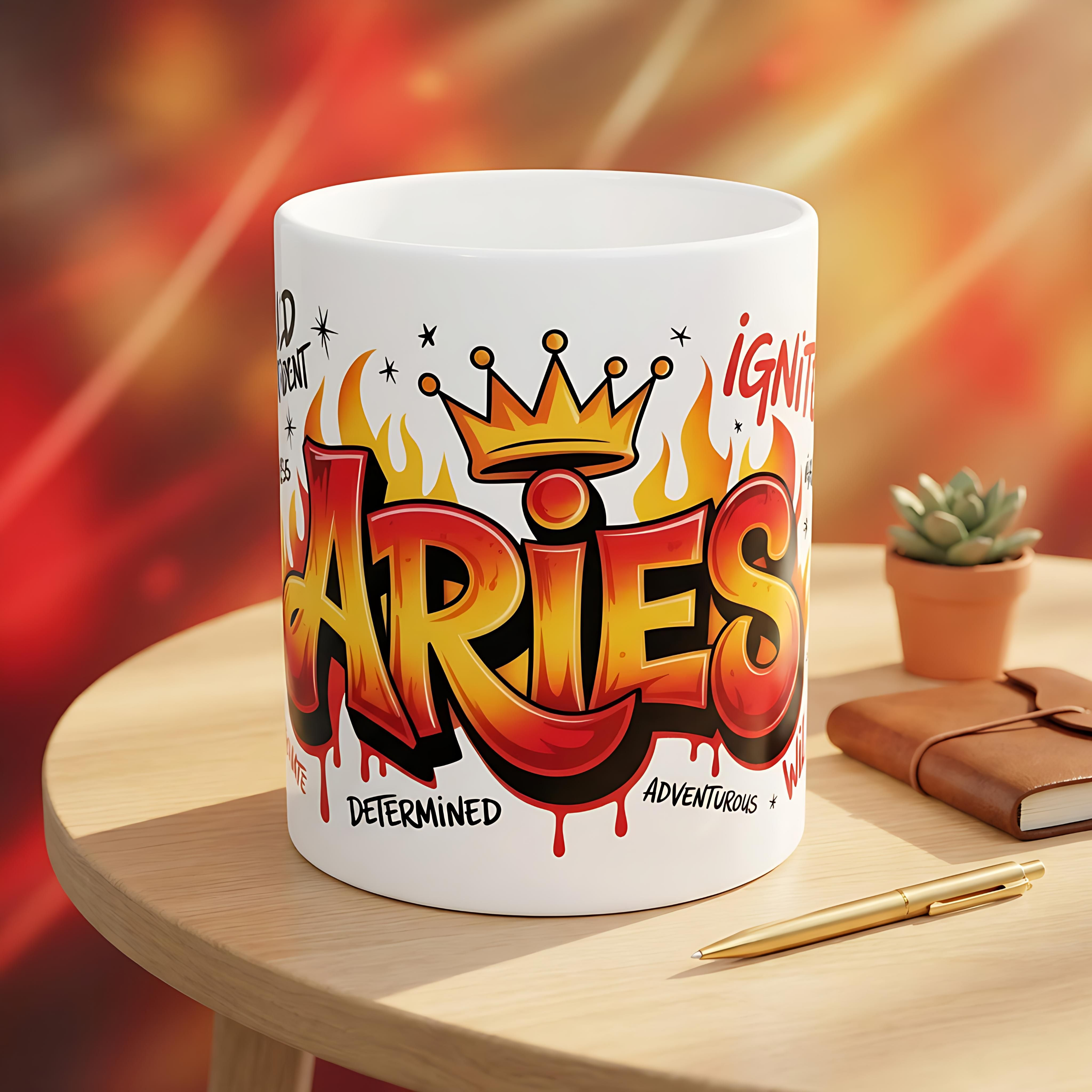 White ceramic mug featuring bold graffiti-style Aries text with a crown and fire design.