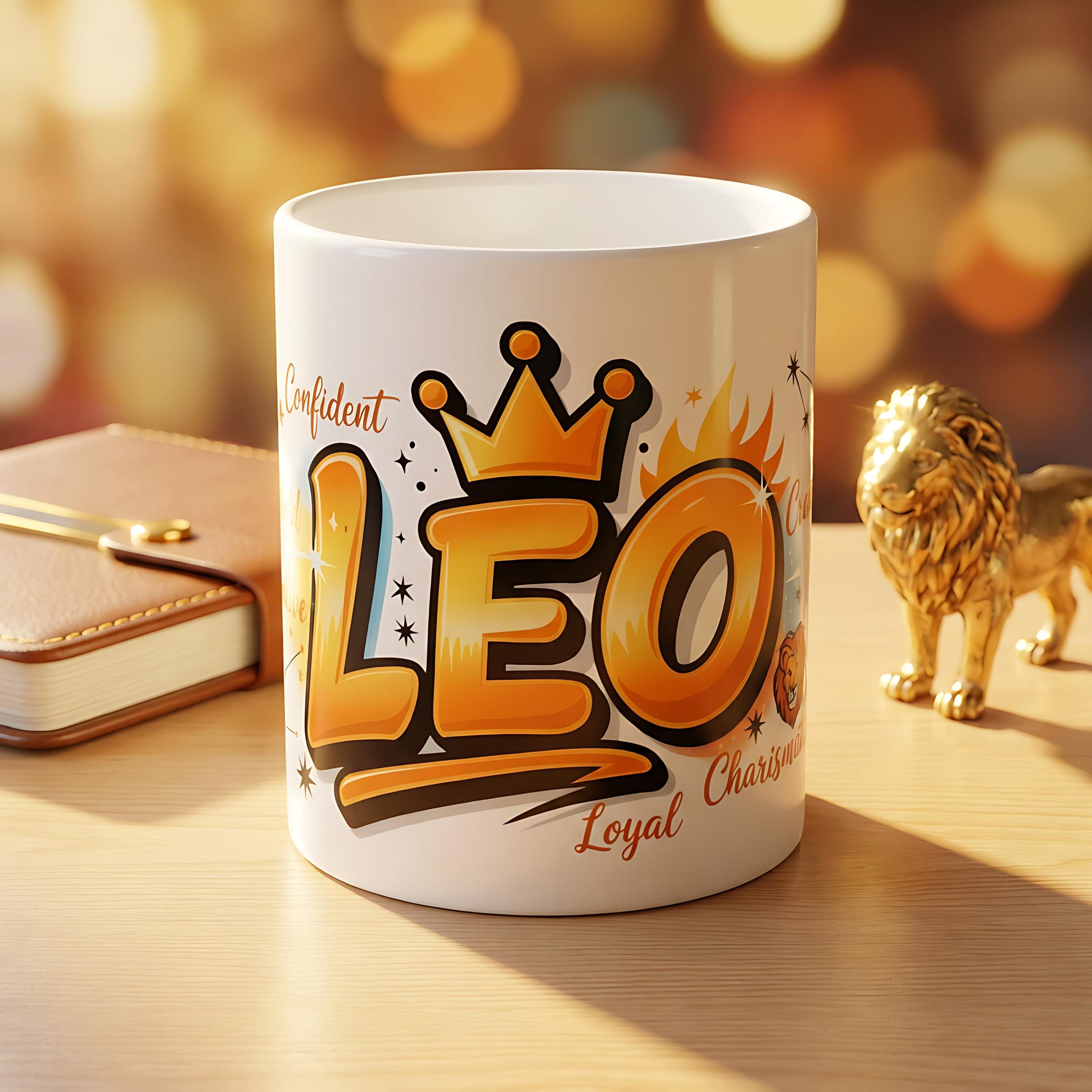 White ceramic mug featuring a bold crowned Leo design with zodiac traits on a wooden desk.