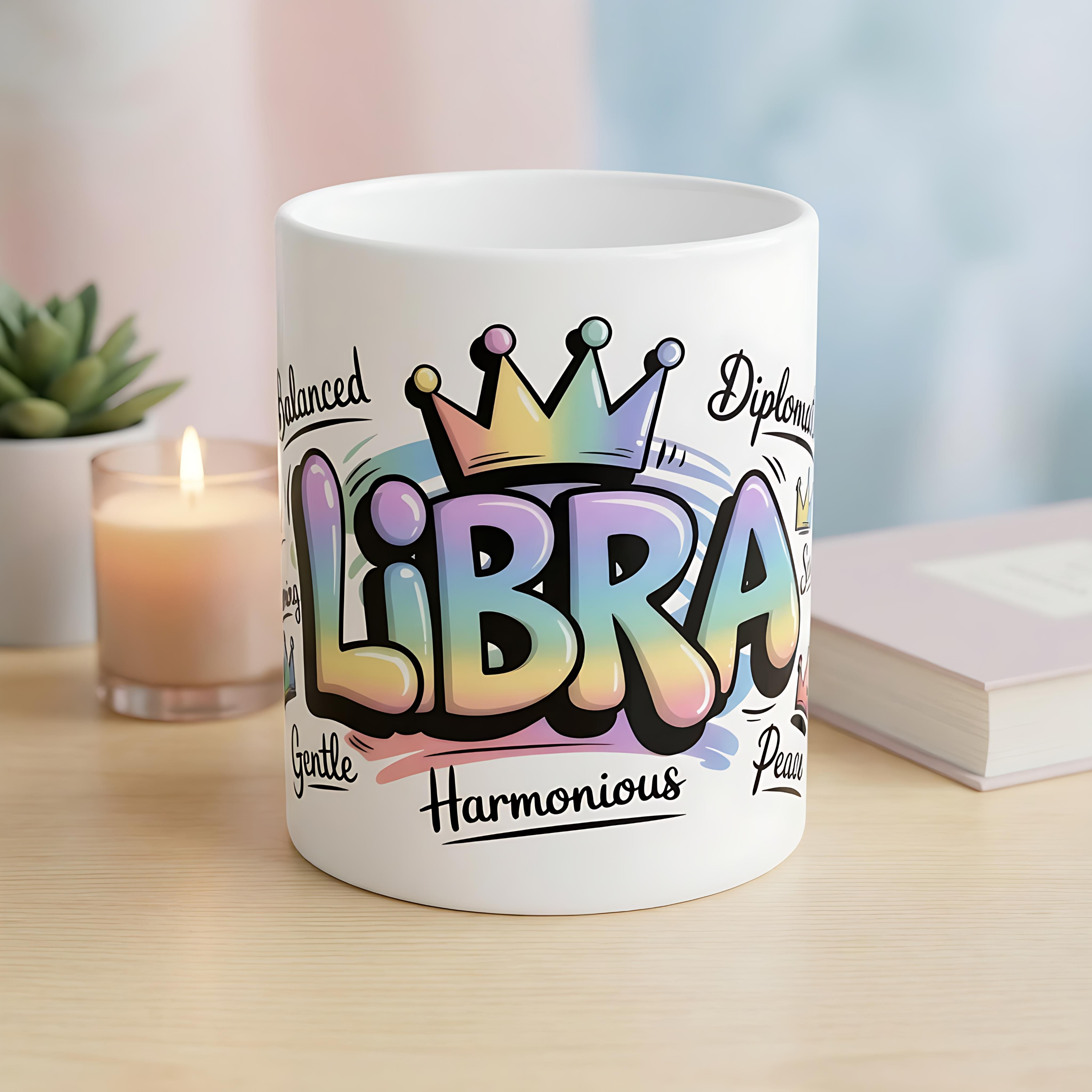White ceramic mug featuring a colorful Libra design with a crown and astrological traits.