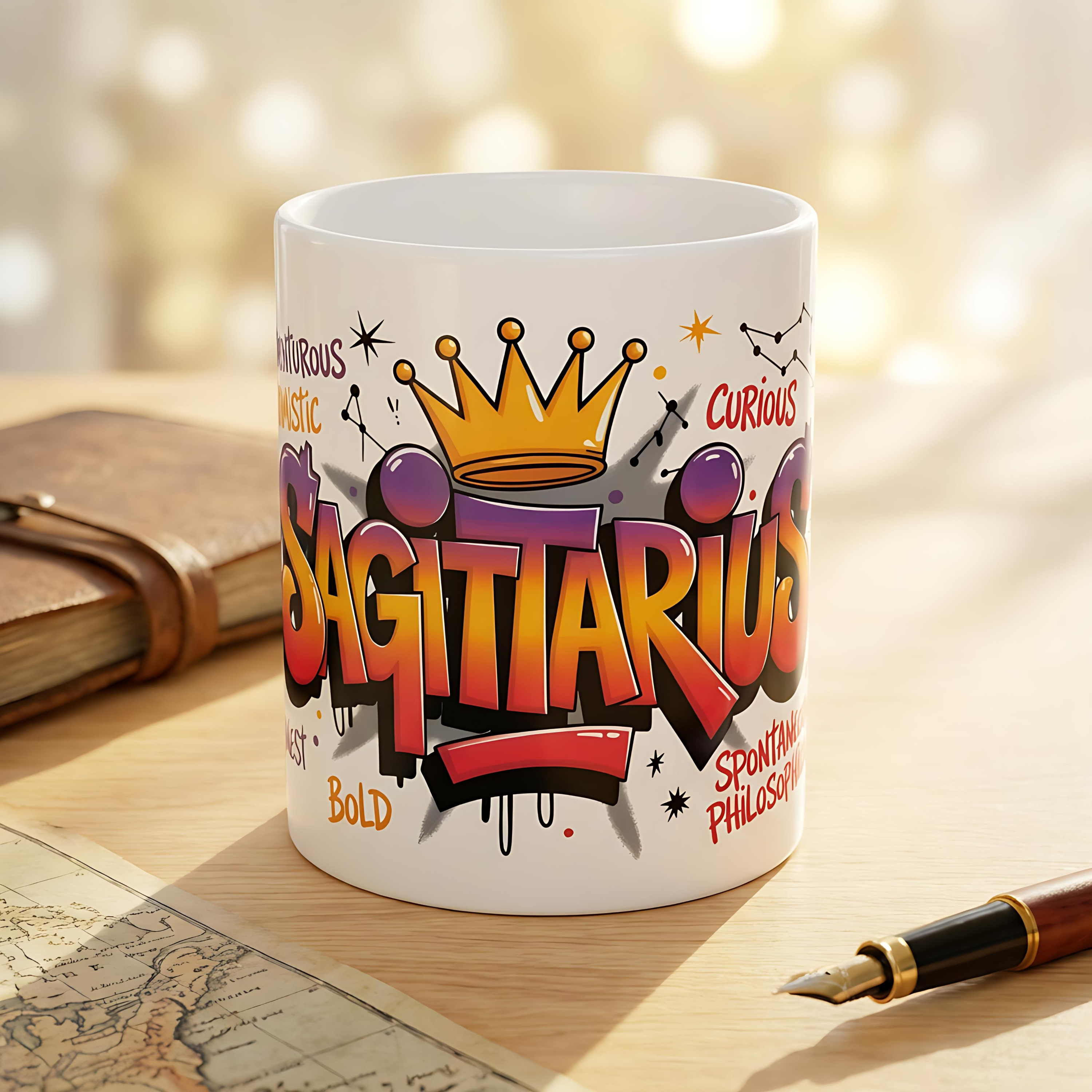 White ceramic mug with a colorful graffiti Sagittarius design and a gold crown on a wooden desk.
