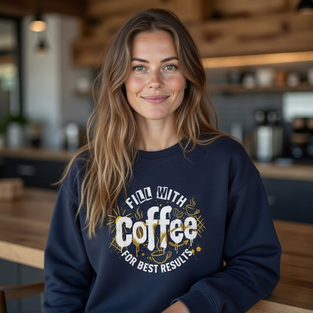 A woman wearing a navy blue sweatshirt with a Fill With Coffee For Best Results graphic.