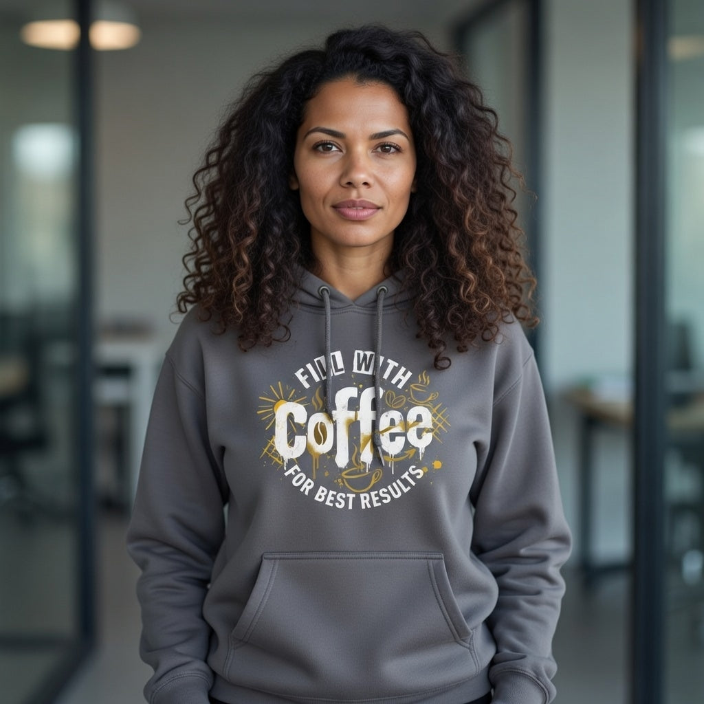 A woman wears a gray hoodie featuring a Fill With Coffee For Best Results graphic on the front.