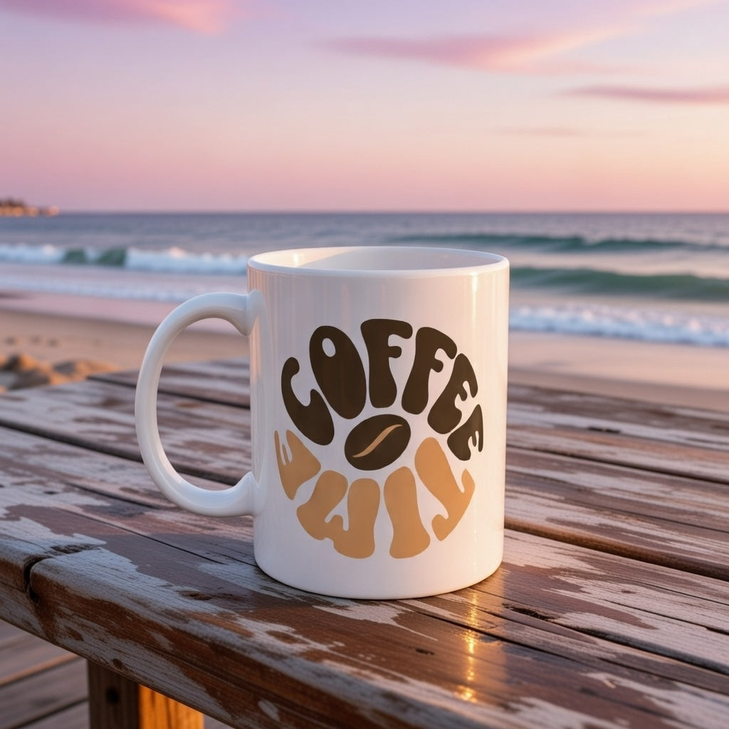 A white ceramic mug with a brown coffee time graphic sitting on a wooden table by the beach.