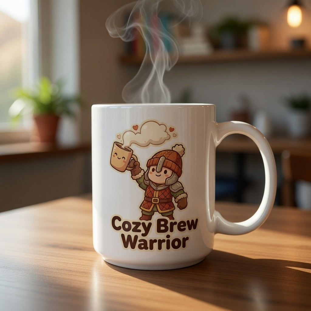 A white ceramic mug featuring a cartoon warrior holding a coffee cup with the text Cozy Brew Warrior.