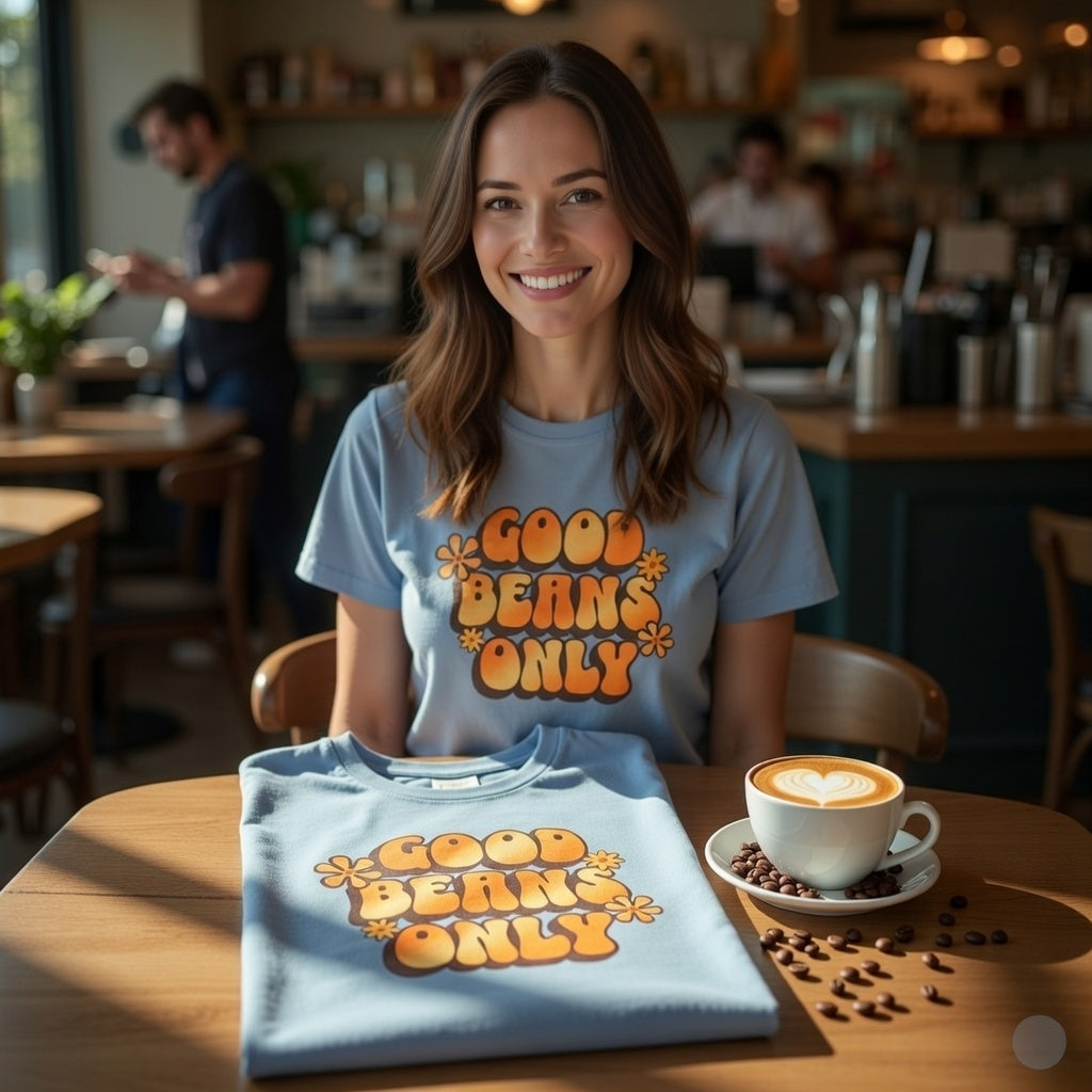 A light blue cotton t-shirt featuring a retro orange Good Beans Only graphic.