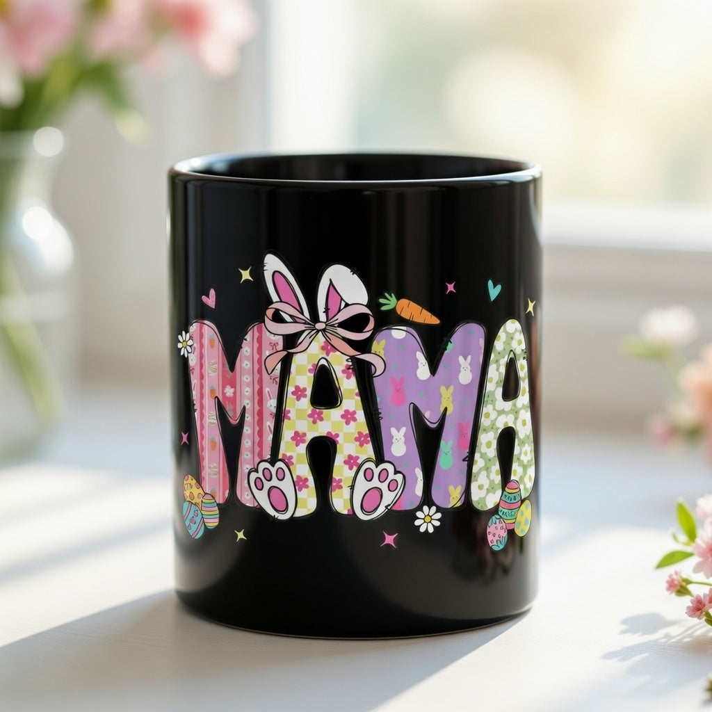Black ceramic mug featuring the word MAMA in colorful Easter patterns with bunny ears and a bow.