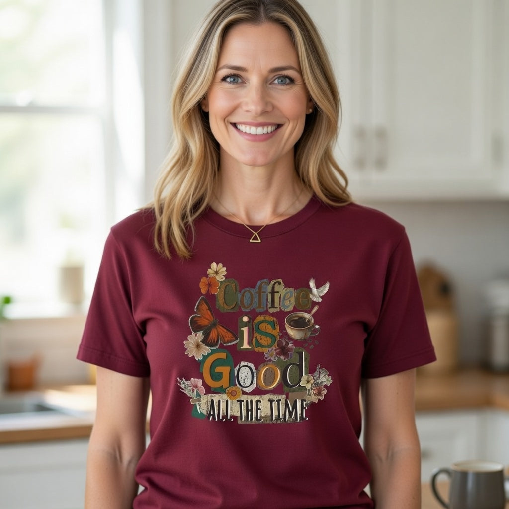 A woman wears a maroon t-shirt with a vintage floral graphic that says Coffee Is Good All The Time.