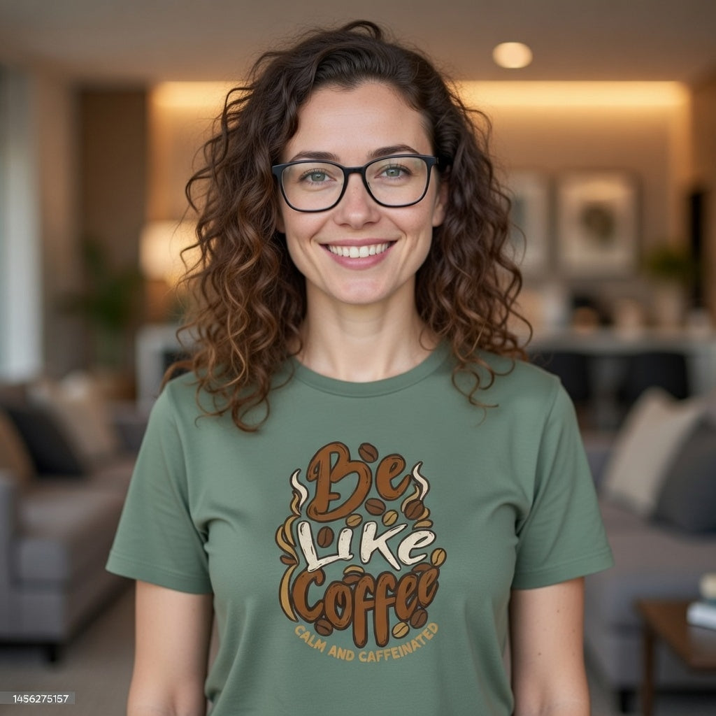 A woman wears a green Be Like Coffee t-shirt with a vintage graphic and coffee bean illustrations.