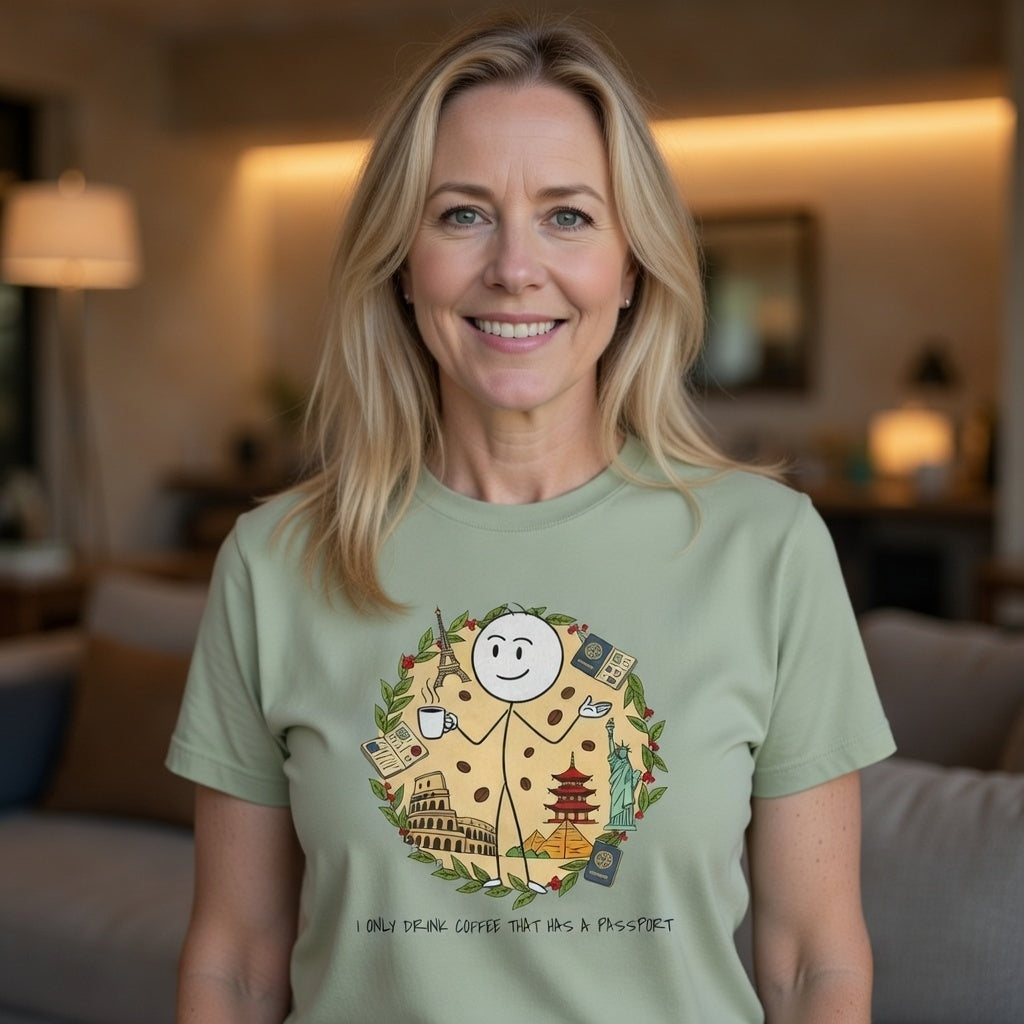 A woman wearing a sage green t-shirt with a travel-themed coffee graphic and passport slogan.