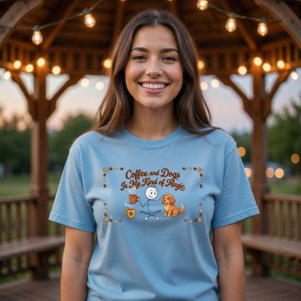 Light blue t-shirt with a stick figure, coffee mug, and dog graphic reading Coffee and Dogs Magic.