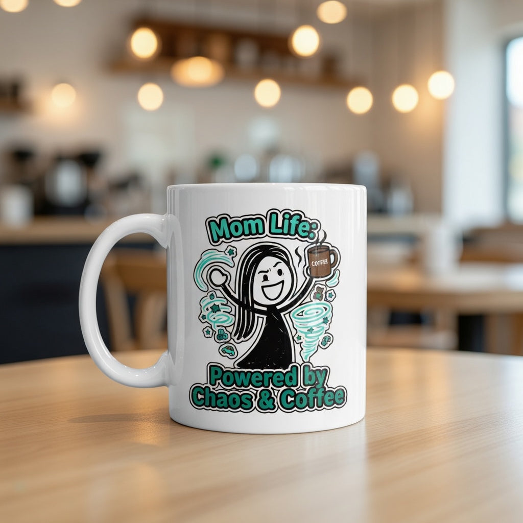 A white ceramic mug featuring a cartoon illustration of a woman surrounded by chaos and coffee.
