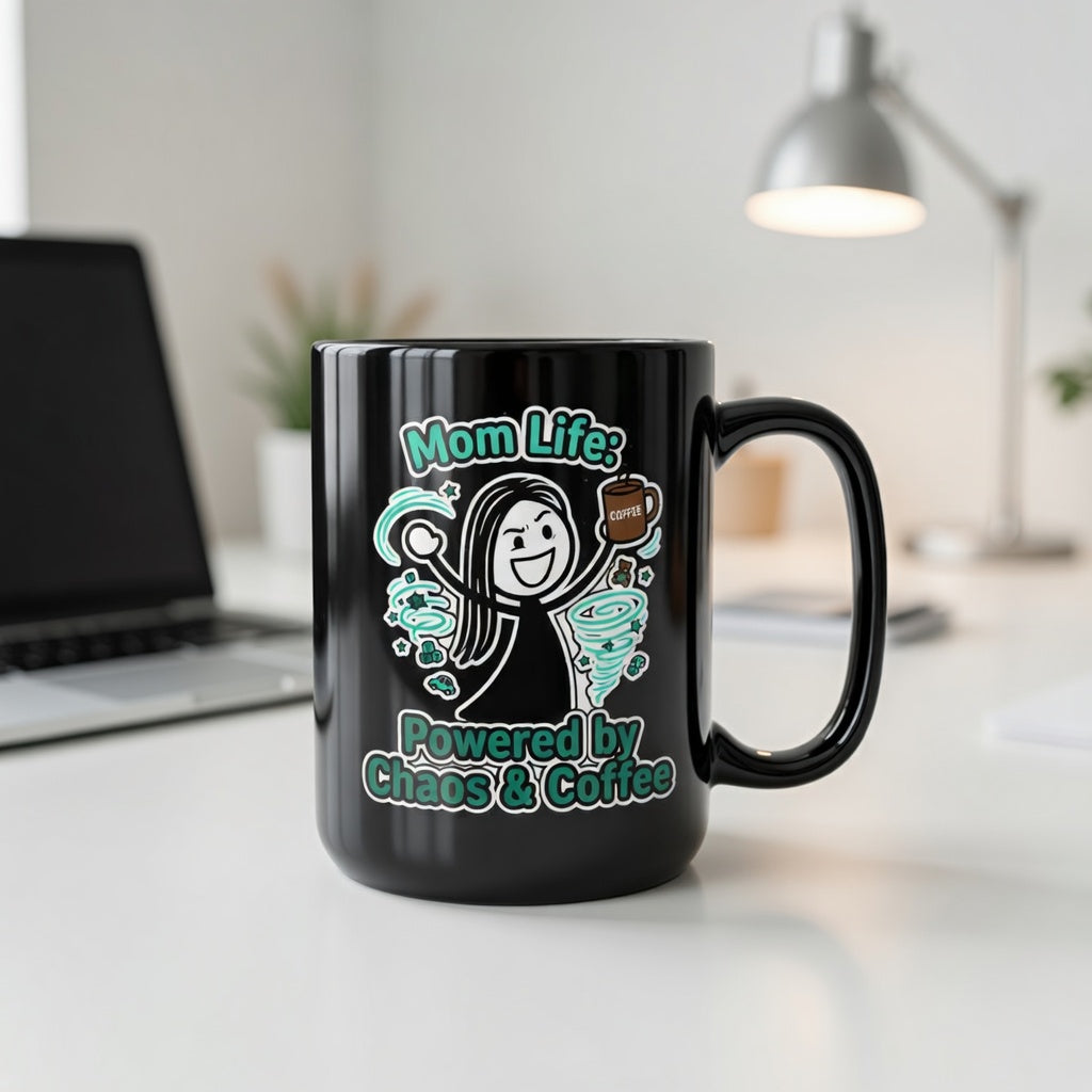 Black ceramic mug with a cartoon mom and the text Mom Life Powered by Chaos and Coffee.