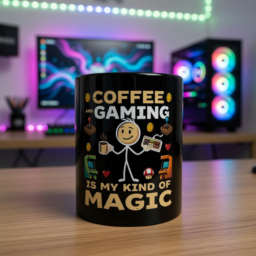 Black ceramic mug with a stick figure gamer and the text Coffee and Gaming is my kind of Magic.