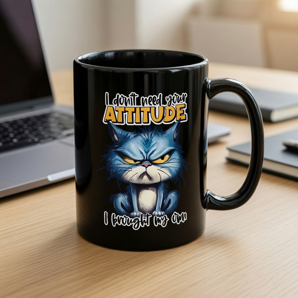 Black ceramic mug featuring a grumpy blue cat and the text I don't need your attitude.